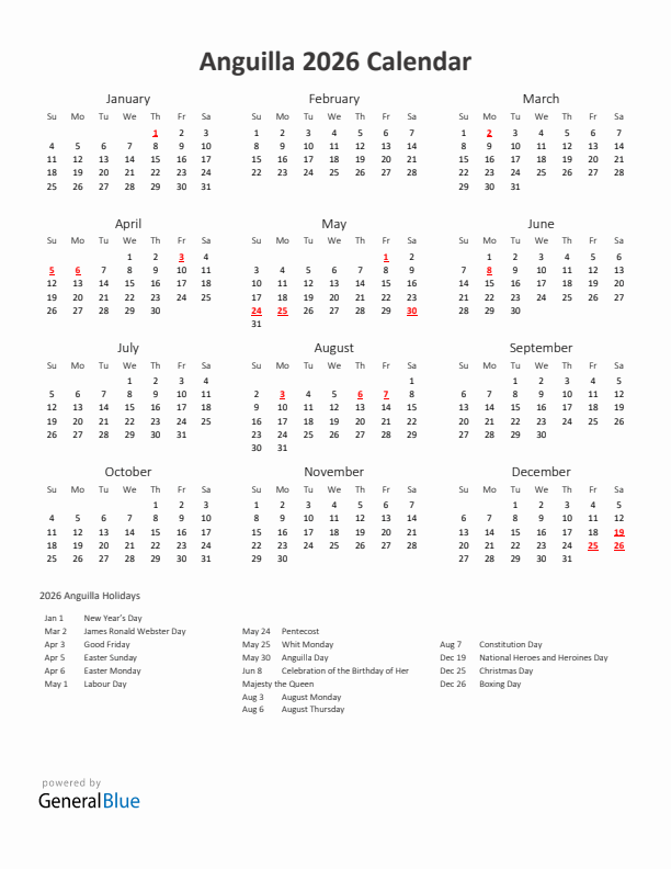 2026 Yearly Calendar Printable With Anguilla Holidays