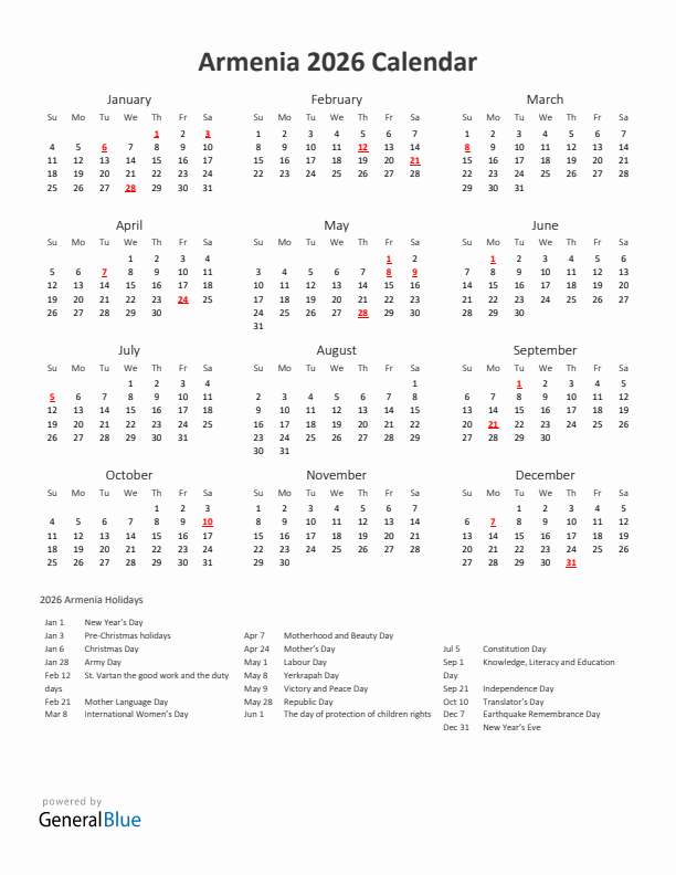 2026 Yearly Calendar Printable With Armenia Holidays