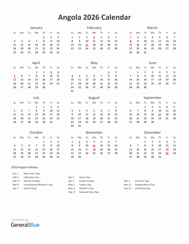 2026 Yearly Calendar Printable With Angola Holidays