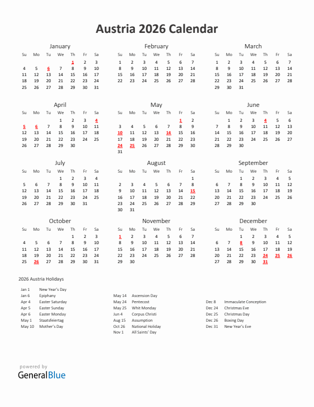 2026 Yearly Calendar Printable With Austria Holidays