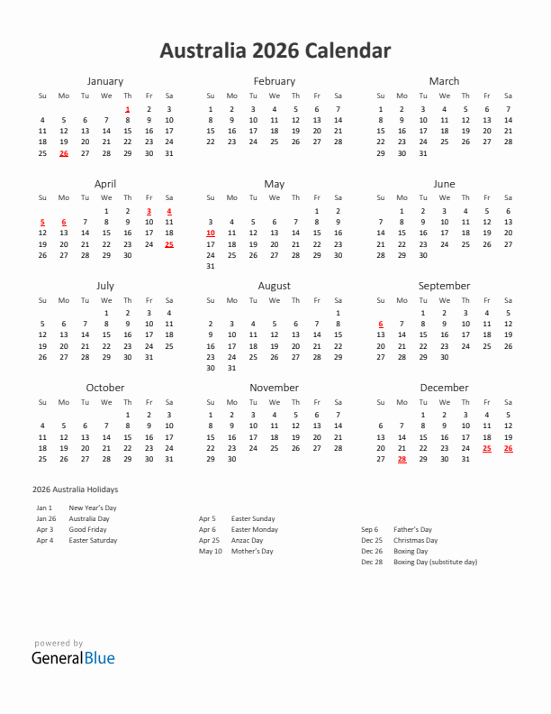 2026 Yearly Calendar Printable With Australia Holidays