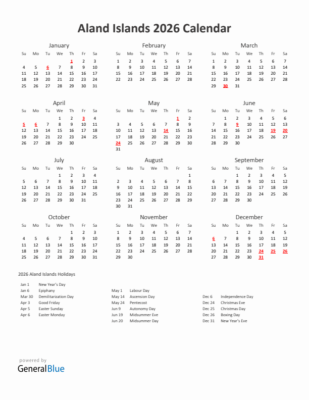 2026 Yearly Calendar Printable With Aland Islands Holidays