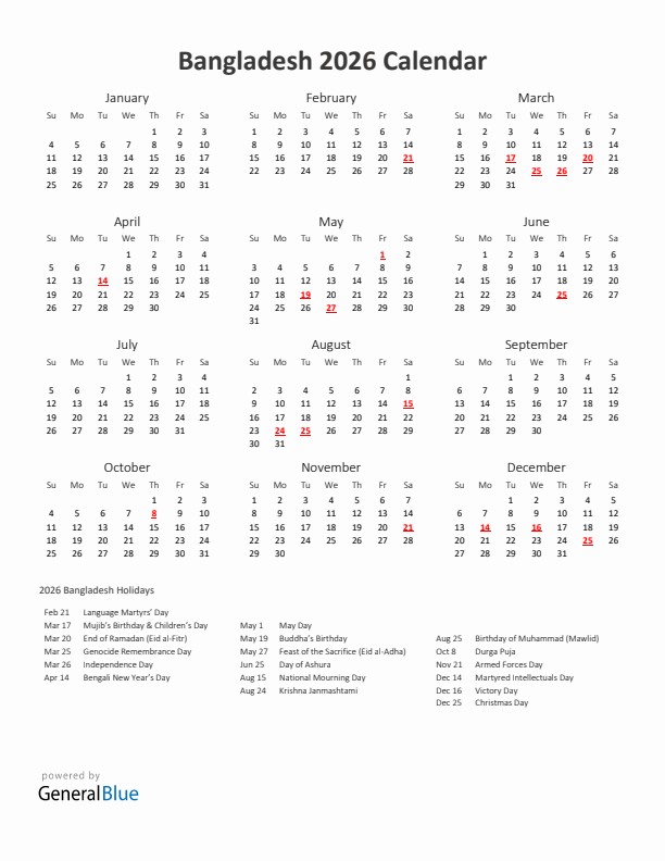 2026 Yearly Calendar Printable With Bangladesh Holidays