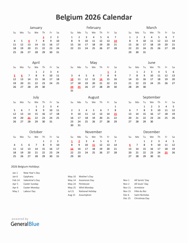 2026 Yearly Calendar Printable With Belgium Holidays