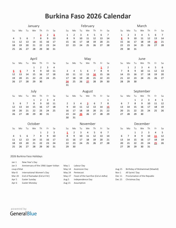 2026 Yearly Calendar Printable With Burkina Faso Holidays