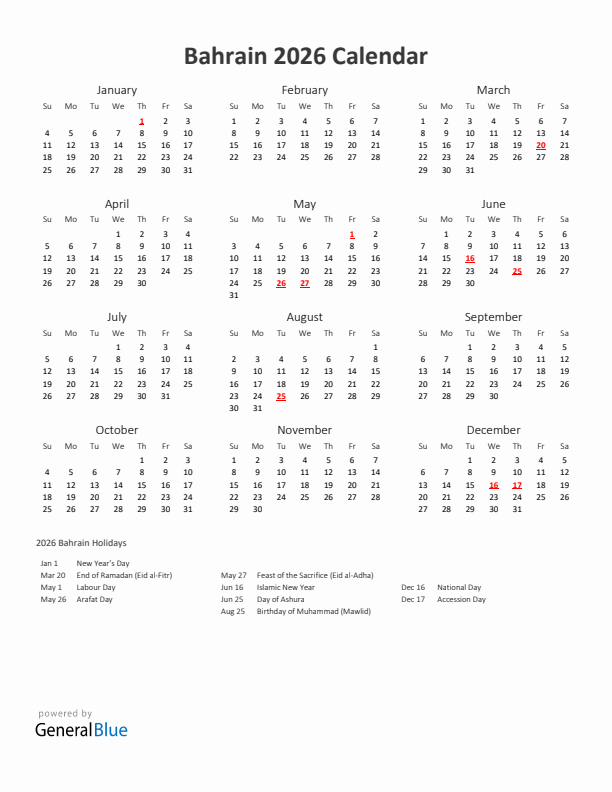 2026 Yearly Calendar Printable With Bahrain Holidays