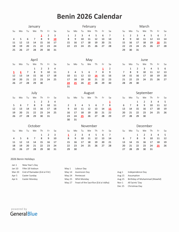 2026 Yearly Calendar Printable With Benin Holidays