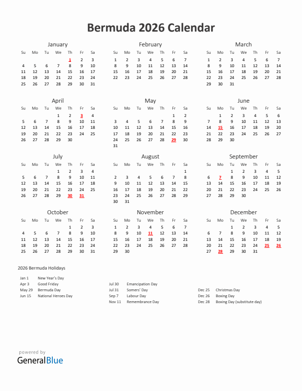 2026 Yearly Calendar Printable With Bermuda Holidays