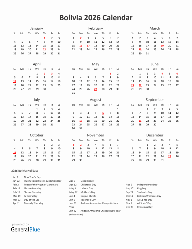 2026 Yearly Calendar Printable With Bolivia Holidays