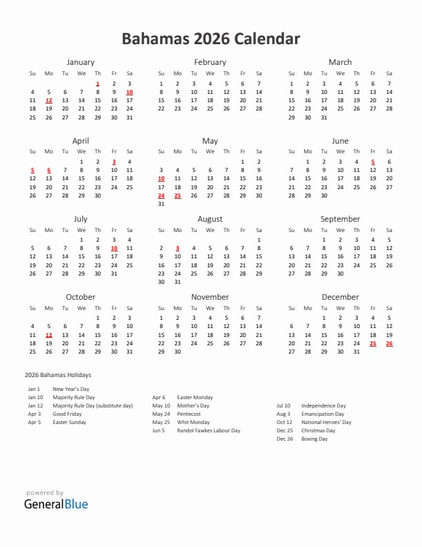 2026 Yearly Calendar Printable With Bahamas Holidays