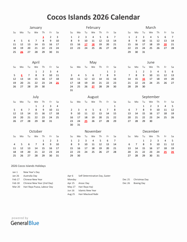 2026 Yearly Calendar Printable With Cocos Islands Holidays