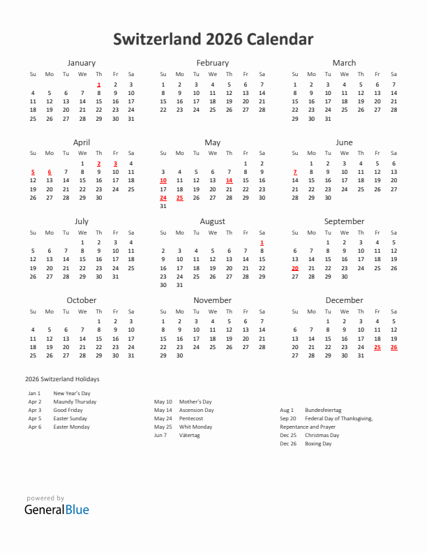 2026 Yearly Calendar Printable With Switzerland Holidays