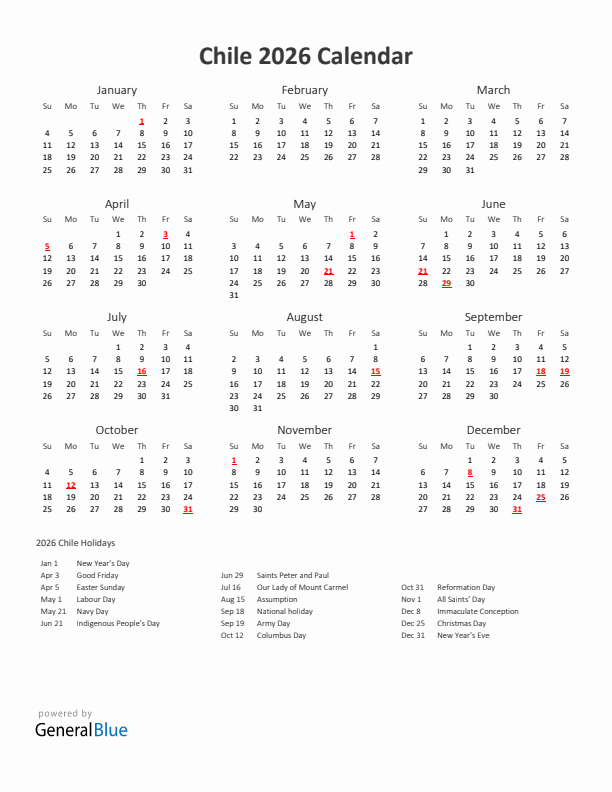 2026 Yearly Calendar Printable With Chile Holidays