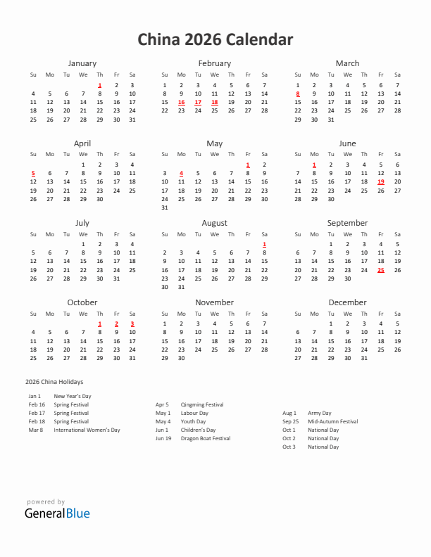 2026 Yearly Calendar Printable With China Holidays