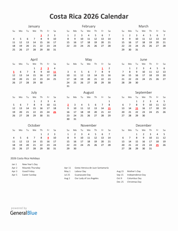 2026 Yearly Calendar Printable With Costa Rica Holidays