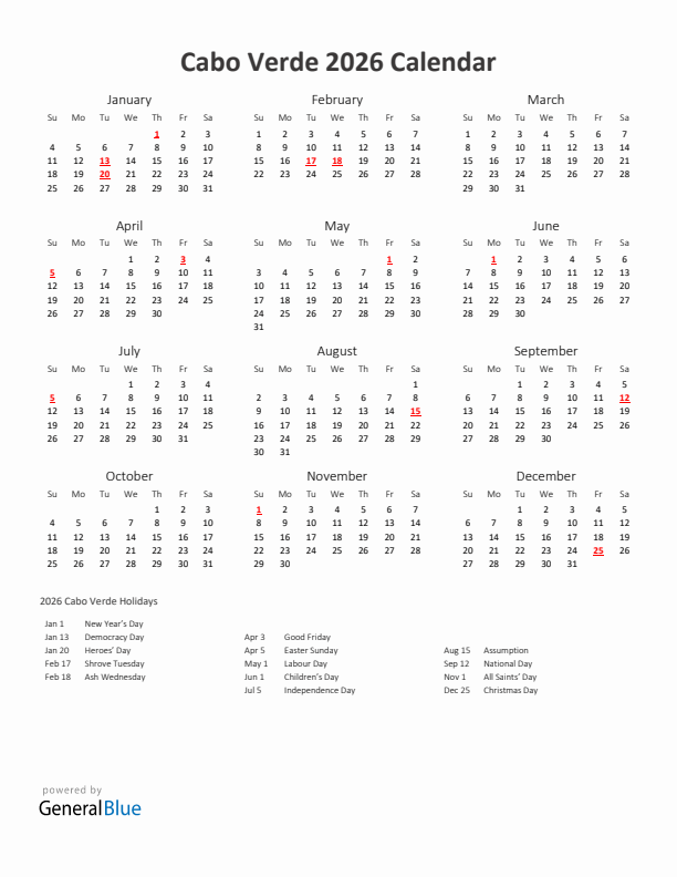 2026 Yearly Calendar Printable With Cabo Verde Holidays