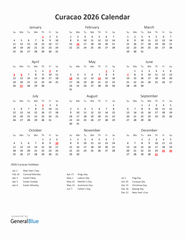 2026 Yearly Calendar Printable With Curacao Holidays