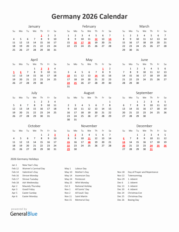 2026 Yearly Calendar Printable With Germany Holidays