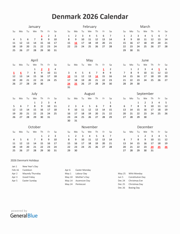 2026 Yearly Calendar Printable With Denmark Holidays