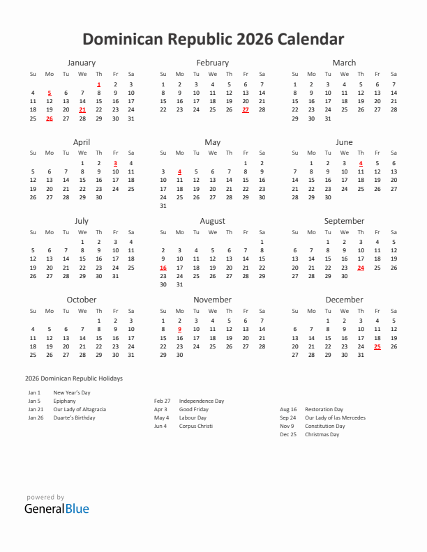 2026 Yearly Calendar Printable With Dominican Republic Holidays