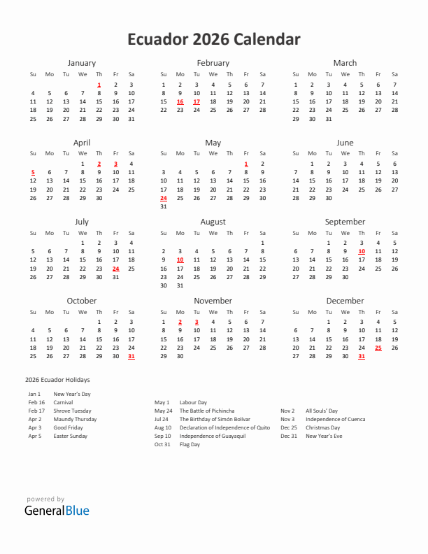 2026 Yearly Calendar Printable With Ecuador Holidays