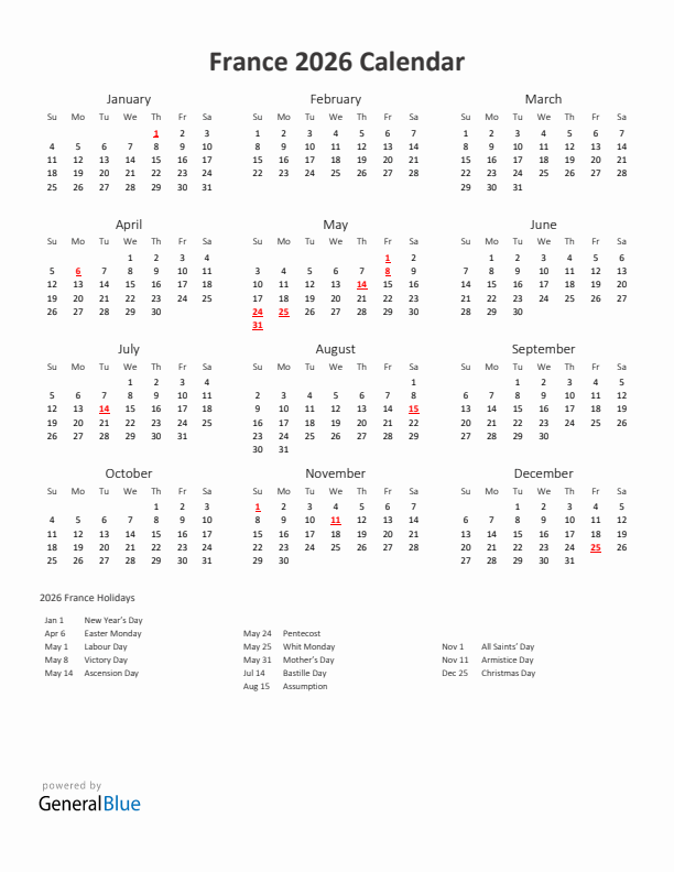 2026 Yearly Calendar Printable With France Holidays