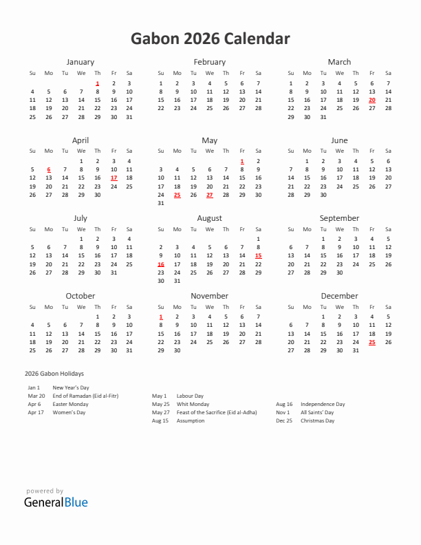 2026 Yearly Calendar Printable With Gabon Holidays