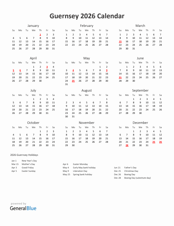 2026 Yearly Calendar Printable With Guernsey Holidays