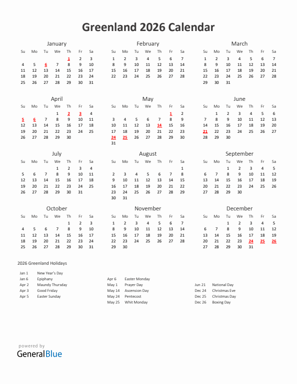 2026 Yearly Calendar Printable With Greenland Holidays