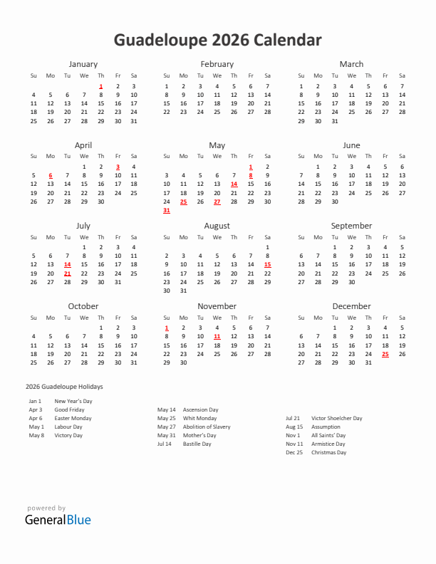 2026 Yearly Calendar Printable With Guadeloupe Holidays