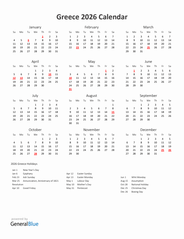 2026 Yearly Calendar Printable With Greece Holidays