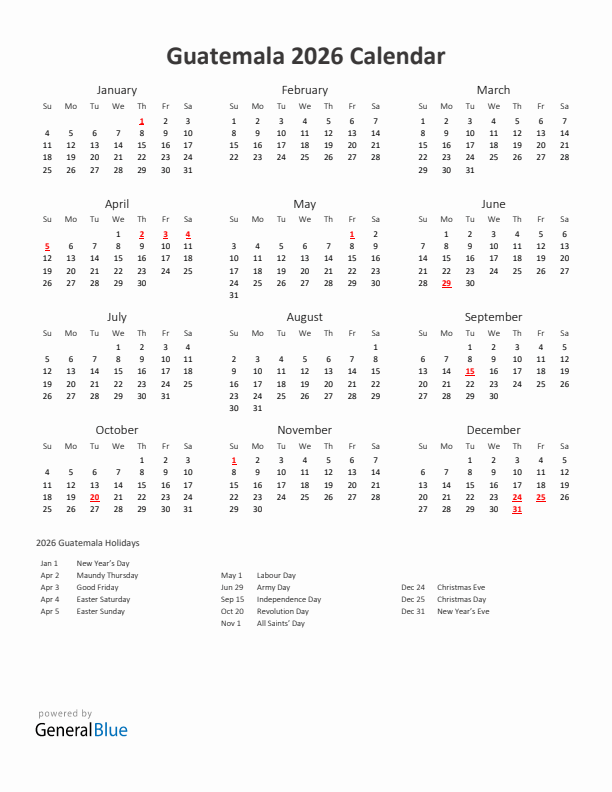 2026 Yearly Calendar Printable With Guatemala Holidays