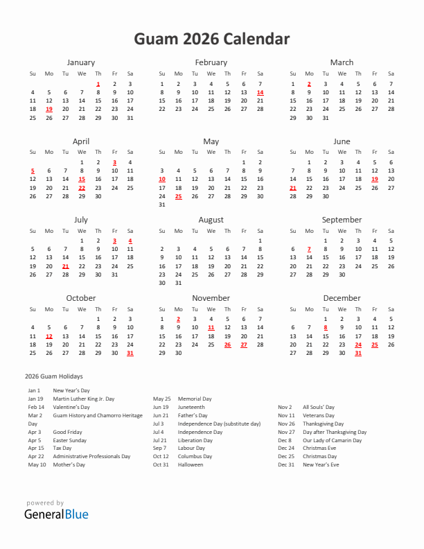 2026 Yearly Calendar Printable With Guam Holidays