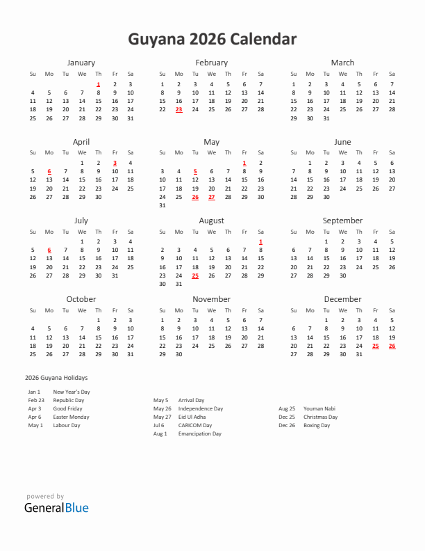 2026 Yearly Calendar Printable With Guyana Holidays