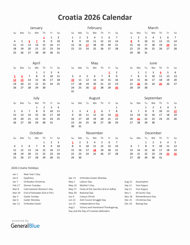 2026 Yearly Calendar Printable With Croatia Holidays