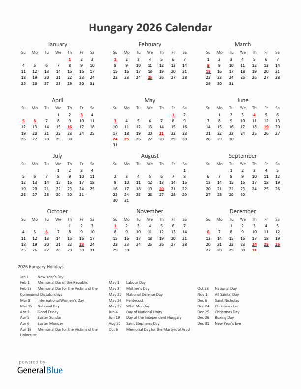 2026 Yearly Calendar Printable With Hungary Holidays