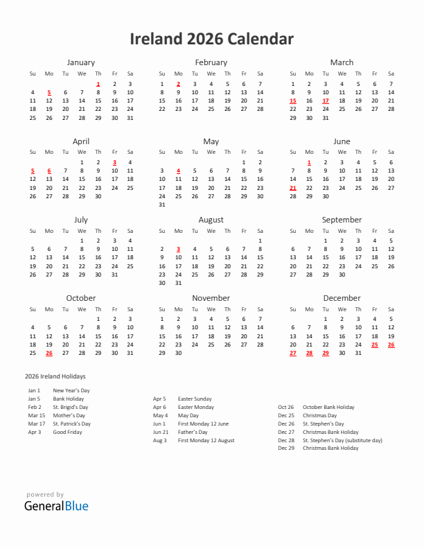 2026 Yearly Calendar Printable With Ireland Holidays