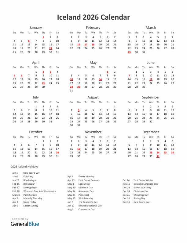 2026 Yearly Calendar Printable With Iceland Holidays