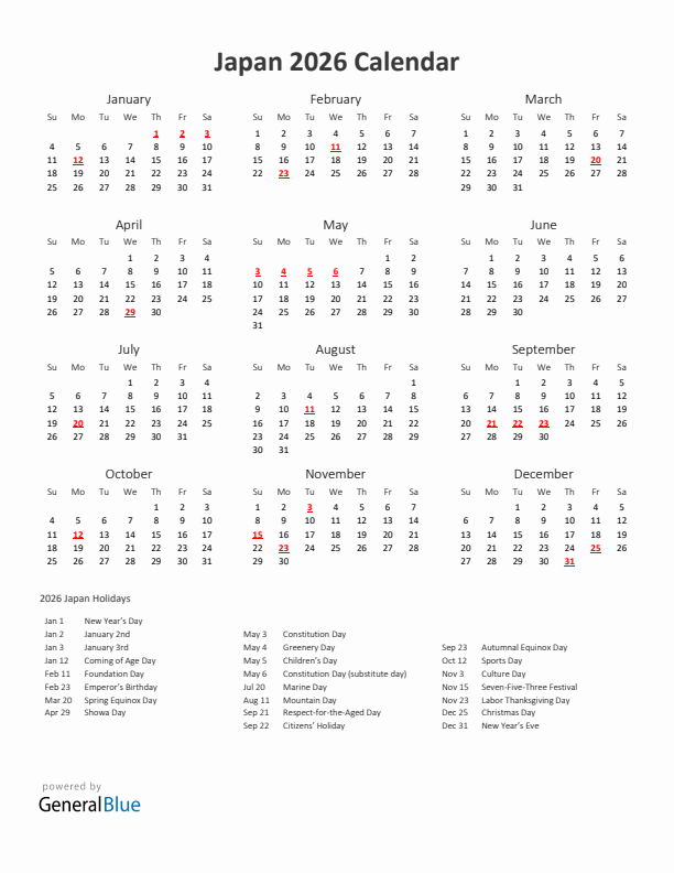 2026 Yearly Calendar Printable With Japan Holidays