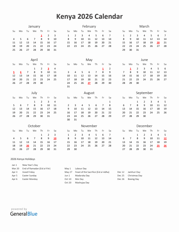 2026 Yearly Calendar Printable With Kenya Holidays