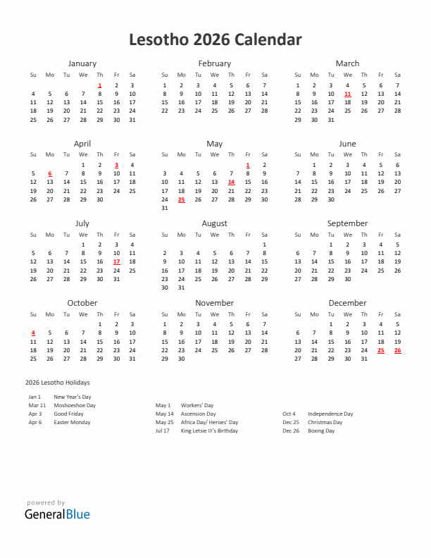 2026 Yearly Calendar Printable With Lesotho Holidays