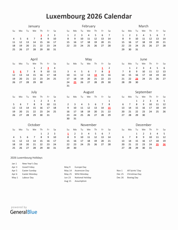 2026 Yearly Calendar Printable With Luxembourg Holidays