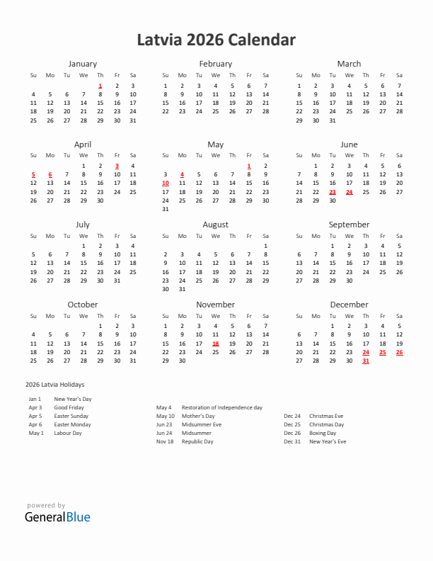 2026 Yearly Calendar Printable With Latvia Holidays