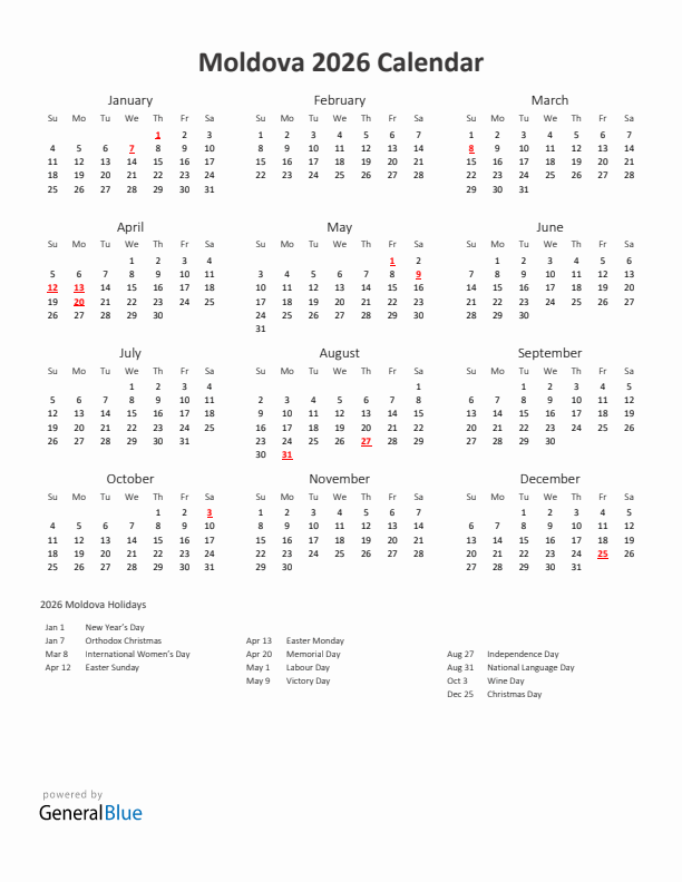 2026 Yearly Calendar Printable With Moldova Holidays