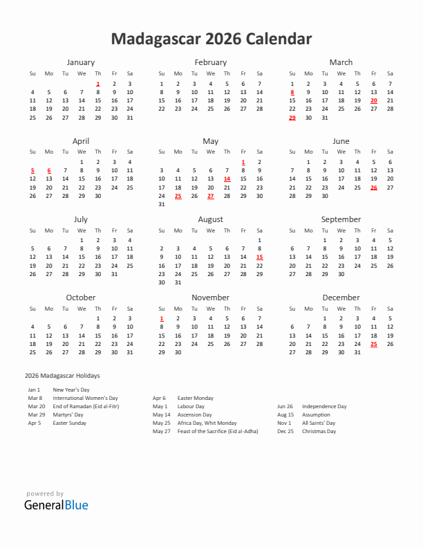 2026 Yearly Calendar Printable With Madagascar Holidays