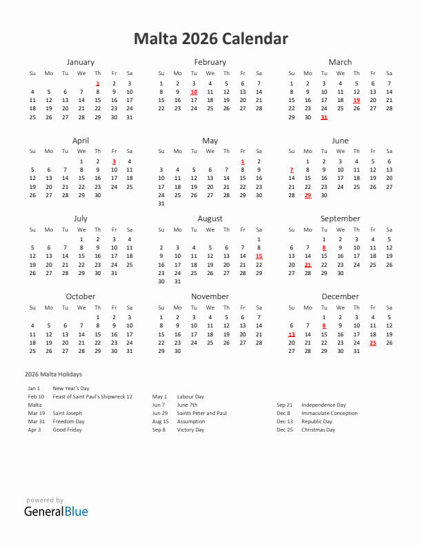 2026 Yearly Calendar Printable With Malta Holidays