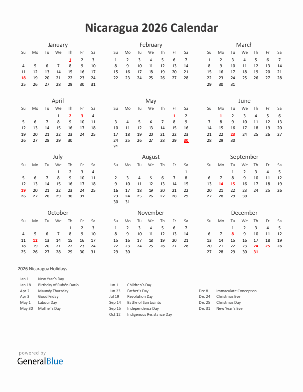 2026 Yearly Calendar Printable With Nicaragua Holidays