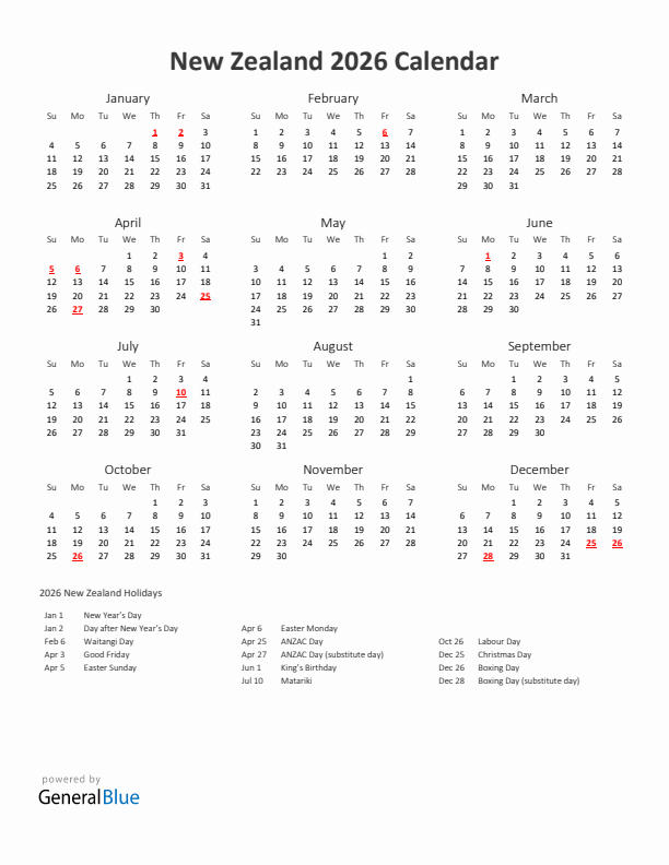 2026 Yearly Calendar Printable With New Zealand Holidays