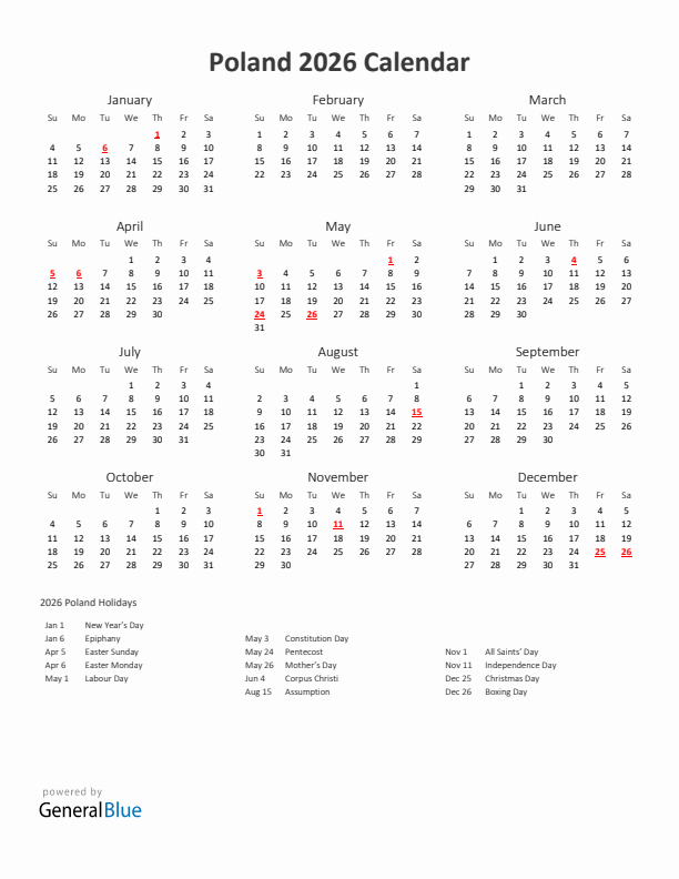 2026 Yearly Calendar Printable With Poland Holidays