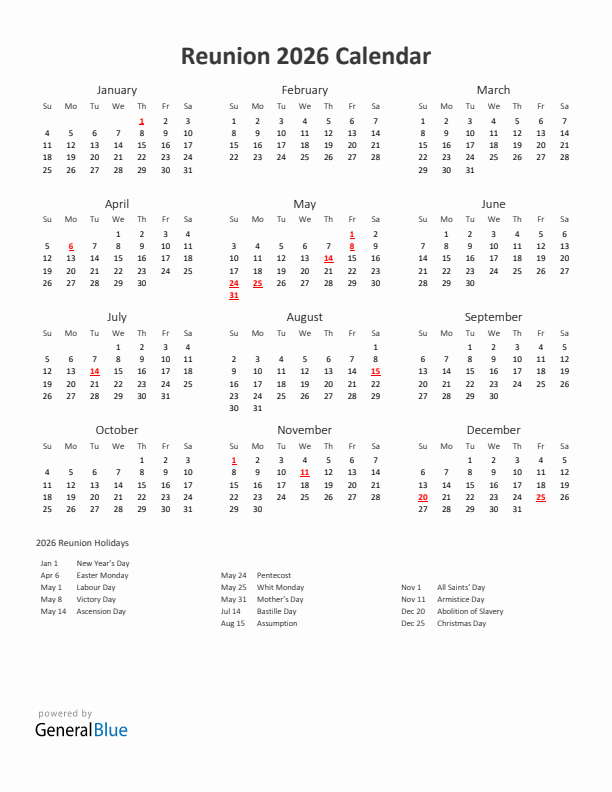 2026 Yearly Calendar Printable With Reunion Holidays